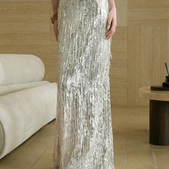 Silver Party Women's Sequin Fringe Mermaid maxi skirt - Picture 7 of 7